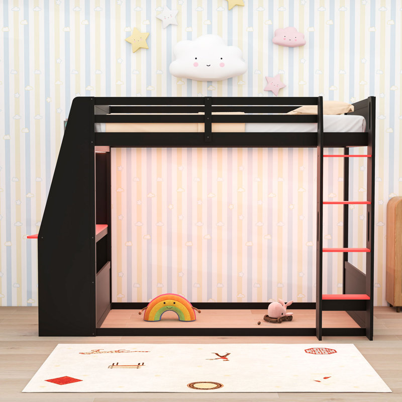 Lit superposé en bois avec port USB, tablettes, bureau et bande lumineuse, Simple sur simple, Noir rouge