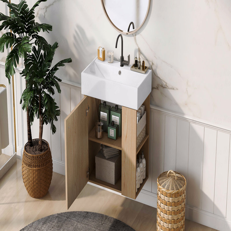 21.6" Modern Floating Bathroom Vanity With Ceramic Basin, Brown