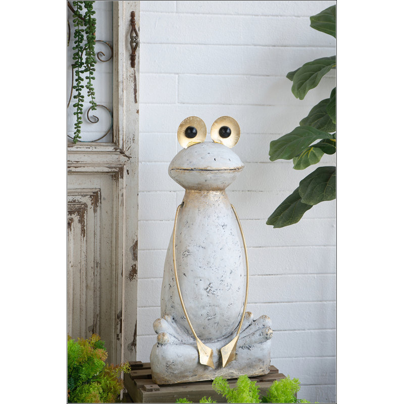 Figurine abstraite grenouille blanche en magnésium avec bras et yeux dorés, parfaite pour un décor moderne et rustique