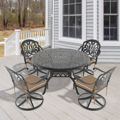 Ensemble de salle à manger 5 pièces en aluminium coulé résistant aux intempéries, comprenant 4 chaises pivotantes et une table ronde de 48,03 po avec cadre