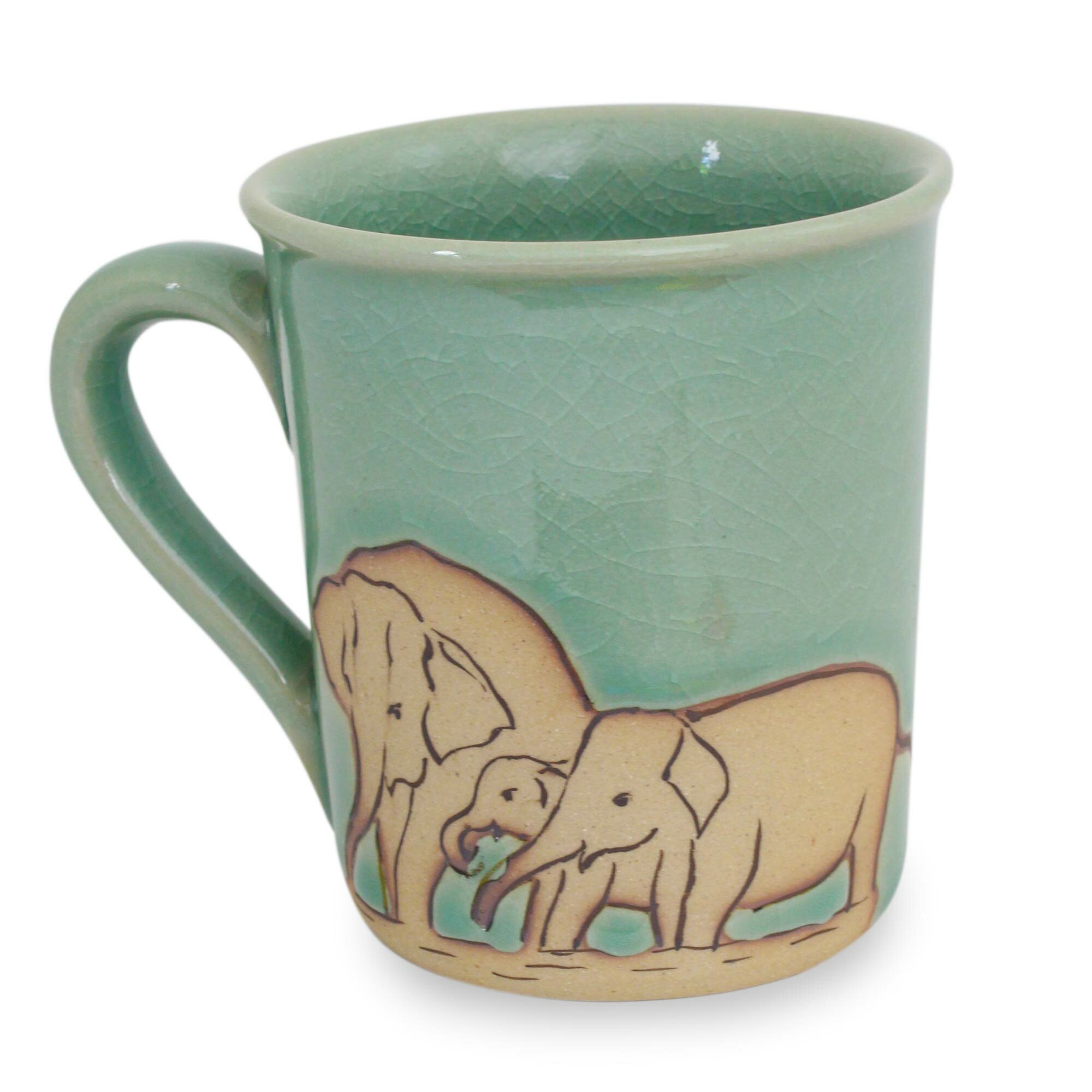 Celadon Ceramic Elephant Mug in Green from Thailand (10 oz.) - Elephant  Handle in Green