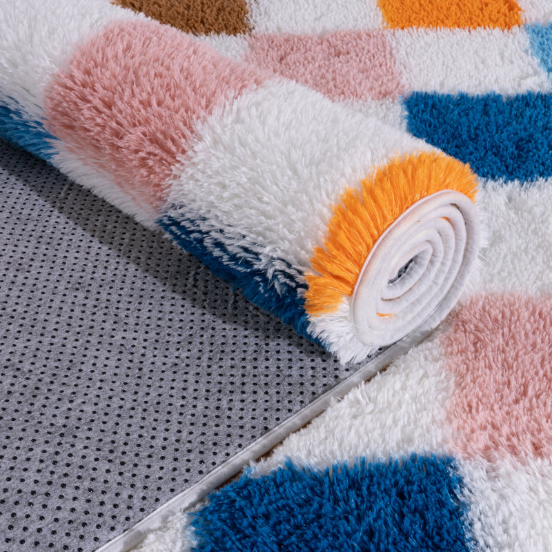 Colorful Checkered Shag Rugs 5x7 ft, Washable Rug Suitable for Bedrooms and Living Rooms, Fluffy Non-Slip Carpets Ideal for Children's Rooms, Nurseries, and Playrooms