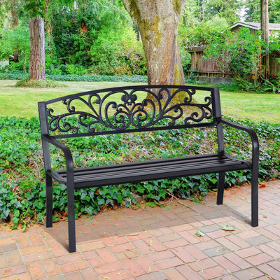 Banc d'extérieur 50 po, banc de jardin en métal avec dossier à motif floral, banc de véranda avec siège à lattes pour parc, cour, pelouse, noir