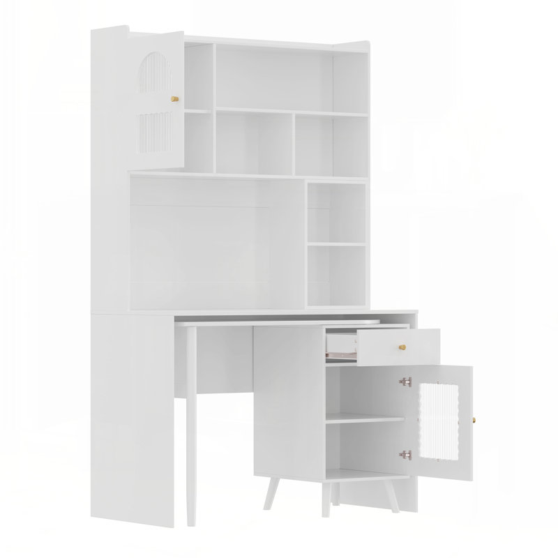 Bureau de jeu rotatif 43 ° 70 "à 90 ° avec armoires de rangement et tablettes, bureau d'écriture, Blanc