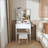 Modern Vanity Desk ,Featuring 3 Modes Of LED Lighting With Adjustable Brightness, 3 Drawers And Multiple Open Storage Shelves, A Hair Dryer Holder And Power Socket, And A Dressing Chair-1562748249