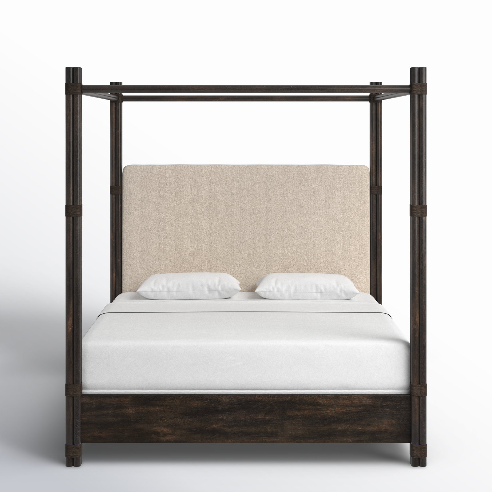 Isla Upholstered Woven Canopy Bed, King, Dark Wood/Black Sand/Neo Cream