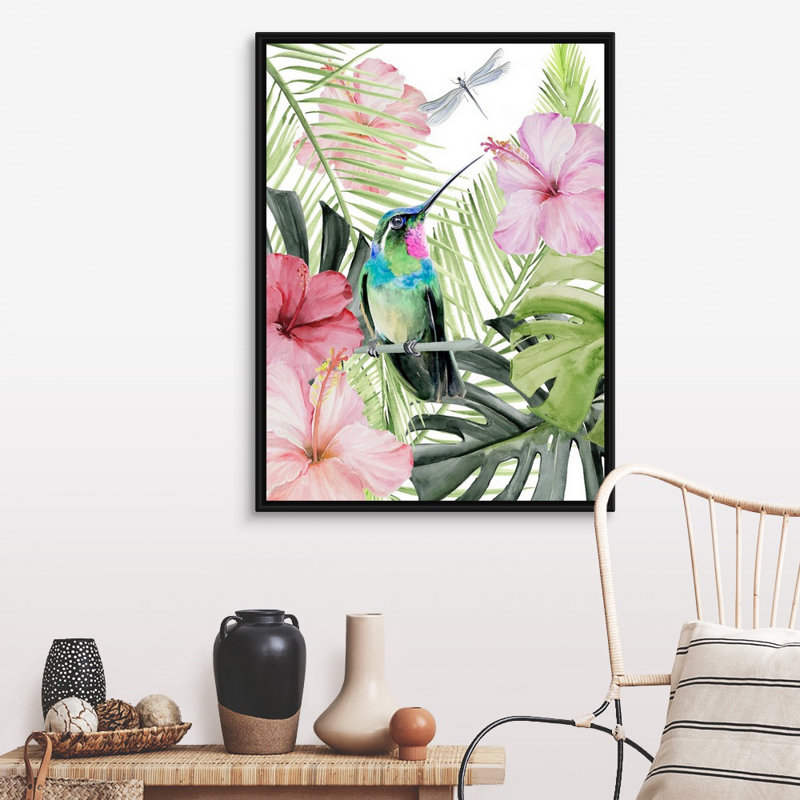 Art mural sur toile Hibiscus & Hummingbird II, Toile avec cadre noir, H 40 po x l 30 po x P 1,75 po