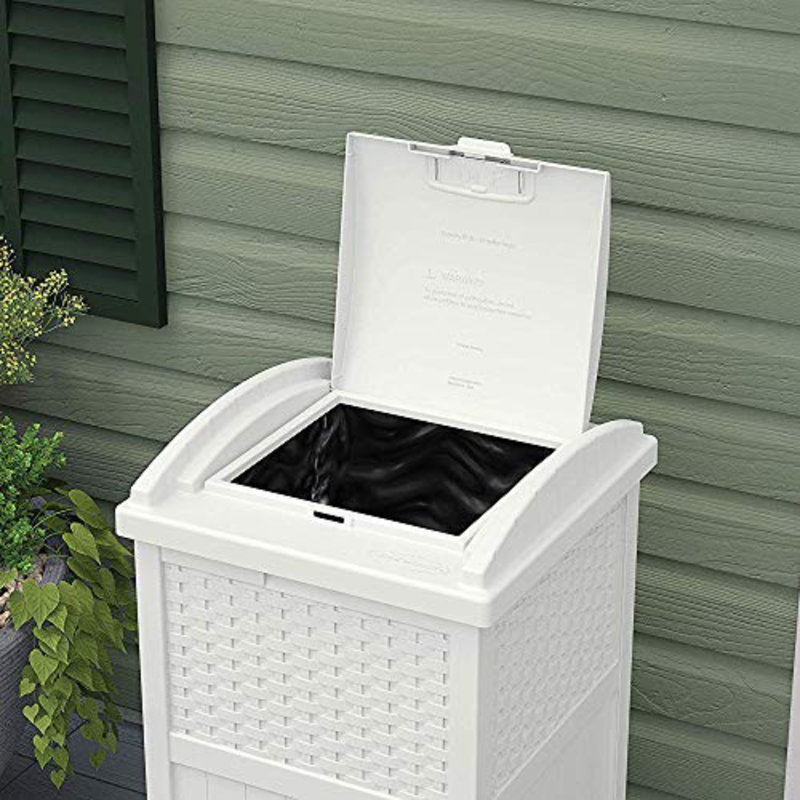 Poubelle extérieure en plastique durable 33 gallons avec couvercle et couvercle en osier pour la cour, la terrasse ou le patio, blanc