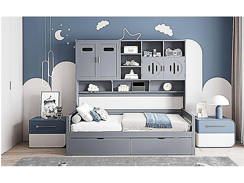 Wooden Daybed with Drawer and Integrated Closet and Shelves, Gray, Twin