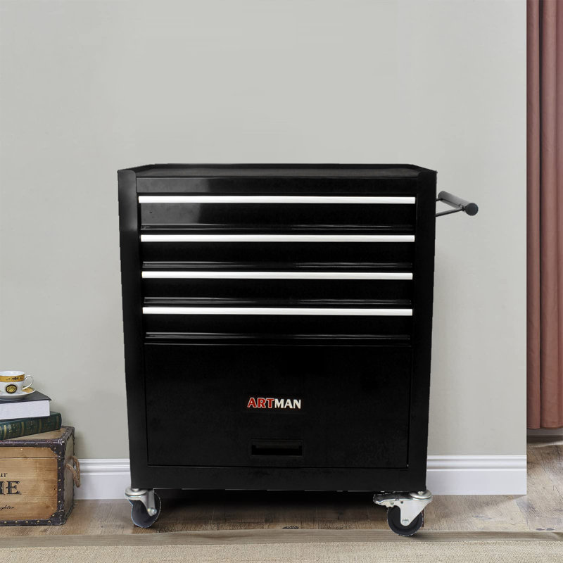 4 -Drawer Cold Steel Job Site Storage Tool Cabinet with Wheels and Handle, Black