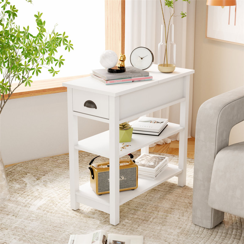 Wood Narrow Sided, Table Sofa Side Table with Drawers and Partition in 180 Flip Over Design, White