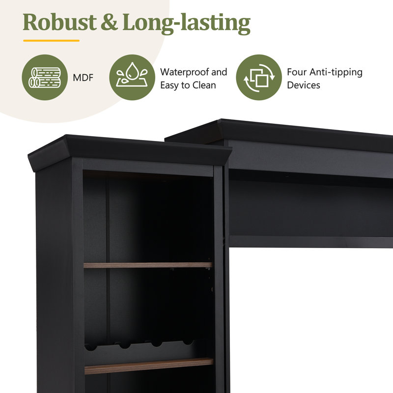 For Tvs Up To 70 Inches With Bookshelves, Adjustable Shelves, Wine Rack, Mid-Century Style Large Media Console, Black