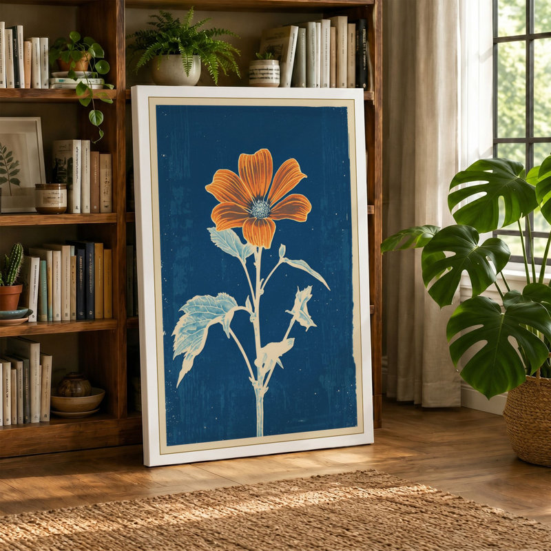 Orange Flower Study Botanical - Wrapped Canvas, 36x24 - 91.4 x 61.0 cm, Teal Border