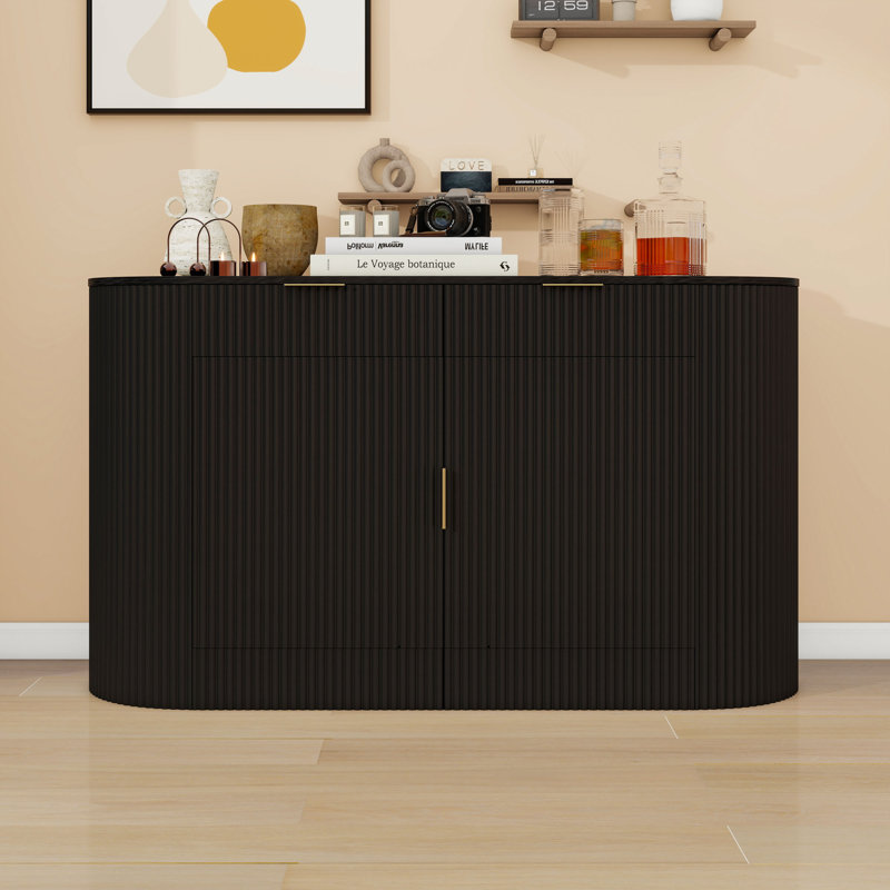 Modern Curved Door Sideboard Buffet Cabinet with 2 Drawers, 3-Tier Shelves and Stripe-Textured Finish, Black