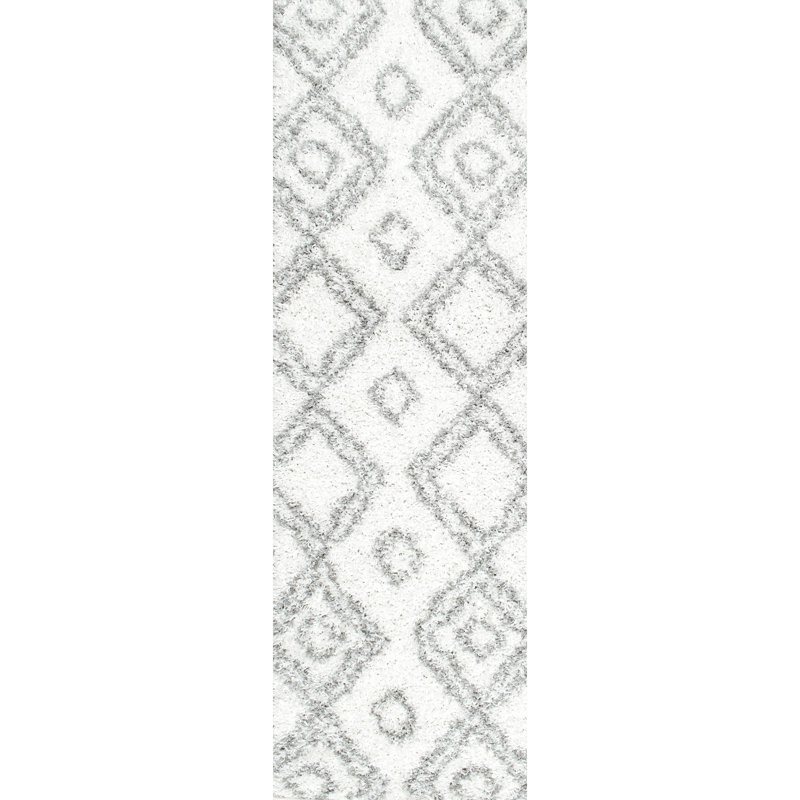 Kosinski Trellis Runner Shag Rug for Living Room Bedroom Dining Room Nursery Entryway Hallway, White/Grey, Runner 2'6" x 12'