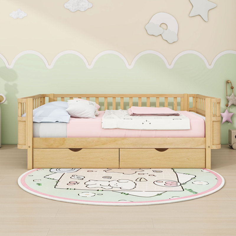 Wood Platform Bed With 2 Drawers And Fence, Natural, Full