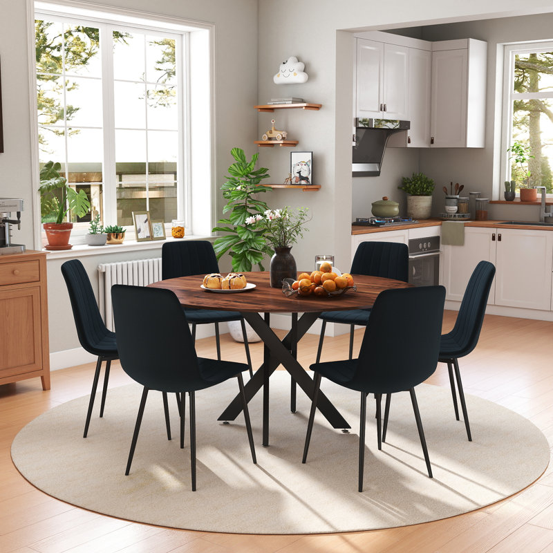 47in Round Dining Table Set, 7, Black, Brown