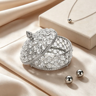 Crystal Mirrored Jewelry Box, Large Silver Trinket Organizer with Sparkling Crystal Lid, Handcrafted Decorative Ring and Earrings Storage Keepsake for Women, Dresser Display