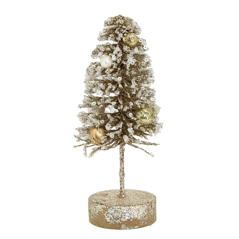 Champagne Glittered Tree On Wood Base - Set of 12 - 2.4" x 2.4" x 6"H - Gold