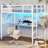 Lit mezzanine pour lit simple avec lumières DEL Cadre de lit mezzanine simple en métal robuste avec garde-corps et échelle pleine grandeur, silencieux, peu encombrant, sans sommier tapissier