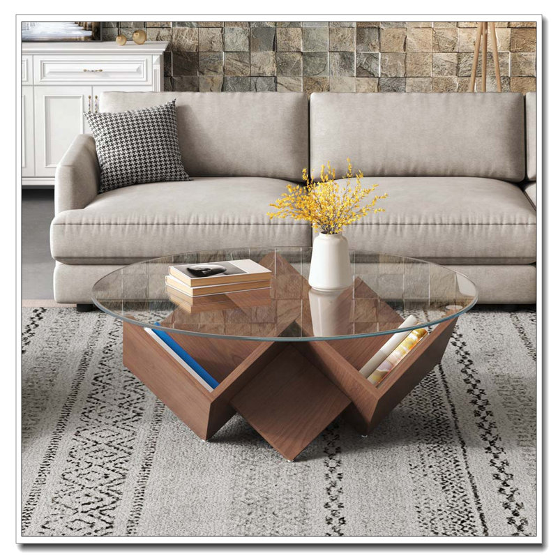 Table basse ronde avec plateau en verre et tablettes de rangement à motif géométrique abstrait noyer