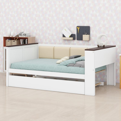 Wood Daybed With Storage Shelves, Upholstered Backrest,USB And Trundle