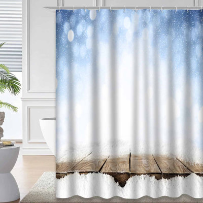 Snow Desk Space Winter Wood Christmas Xmas Wooden Floor Ice Sky Light Shower Curtain with 12 Hooks