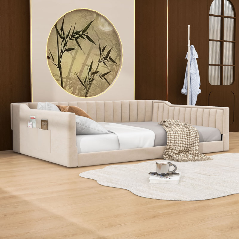 Upholstered Daybed with Slats and Side Storage Pocket, Full XL, Beige