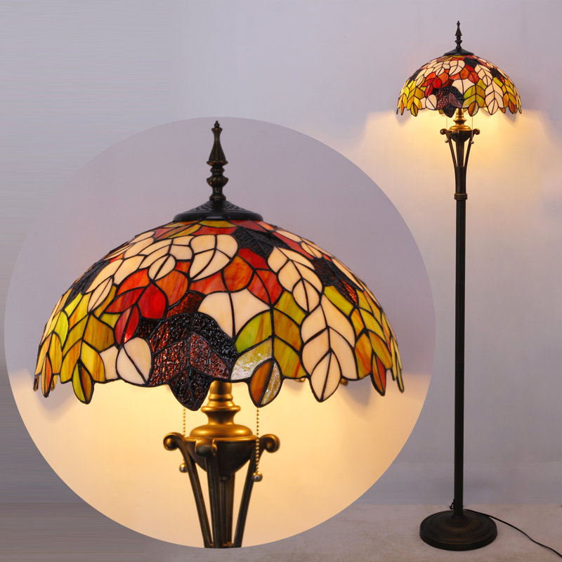 Tiffany Floor Lamp Maple Leaf Stained Glass Standing Reading Light 16X16X70 Inches Antique Pole Corner Lamp Decor Bedroom Office Living Room