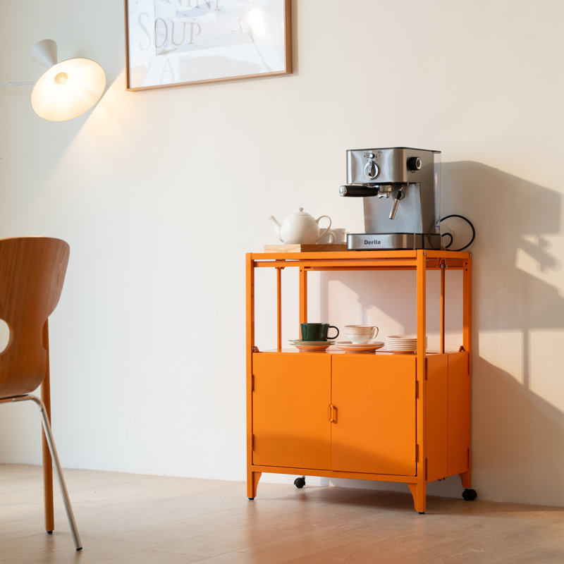 Accent 23.6’’ Wide  Foldable Metal Double Layer Cabinet with  Wheels Easy Assemble end table, Orange