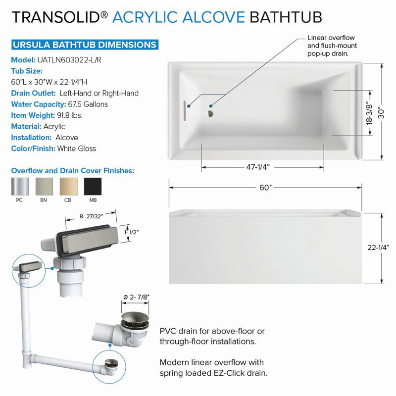 Transolid Unity AFR 60-in x 30-in x 22-in Alcove Acrylic Bathtub Kit, White, Left, Brushed Nickel