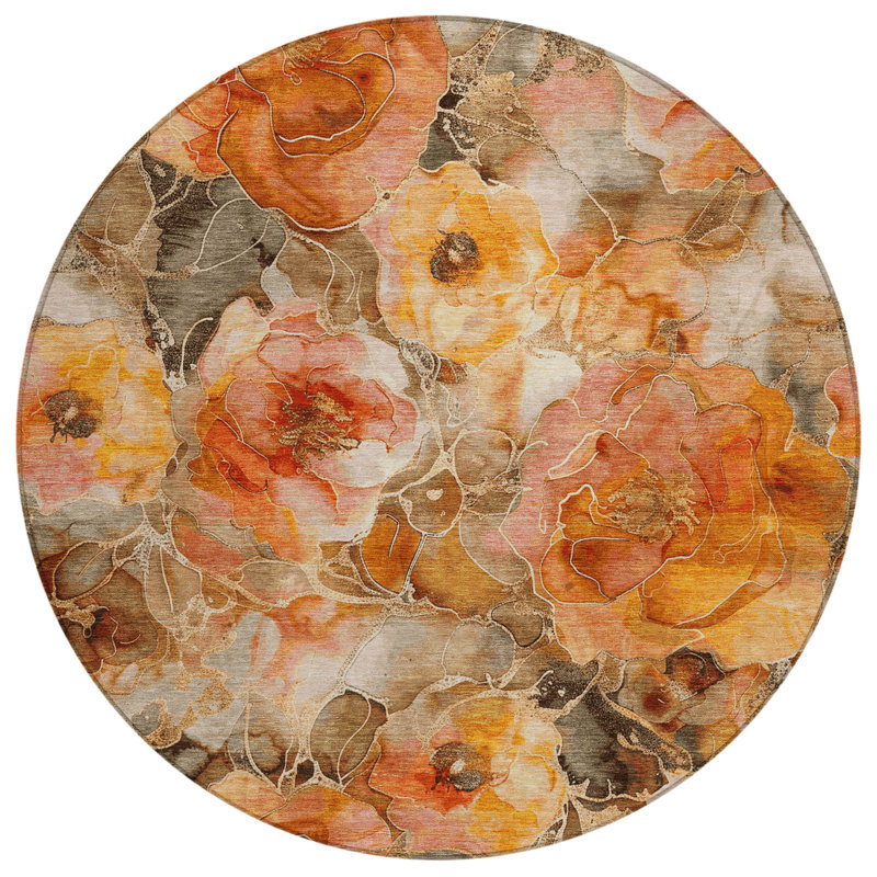 Tapis orange intérieur / extérieur lavable à la machine Xhevrie, Rond 8 pi