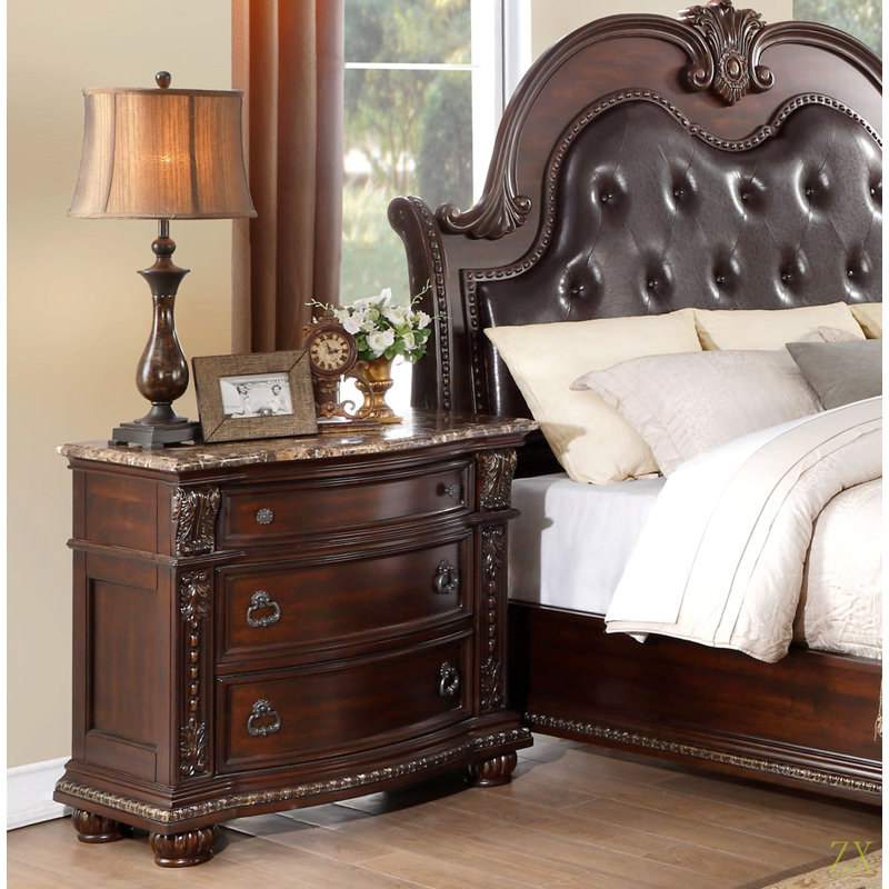 Tipping European Design 1Pc Nightstand With Genuine Marble Top Traditional Bedroom Furniture 3-Drawers