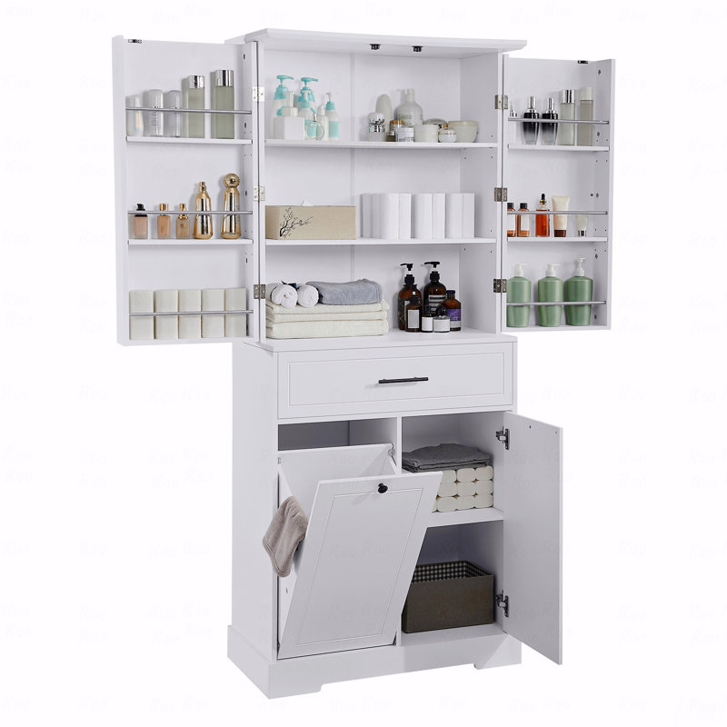 Armoire de rangement autoportante pour salle de bain, avec portes et tiroirs, panier à linge inclinable, tablettes réglables, plusieurs espaces de rangement