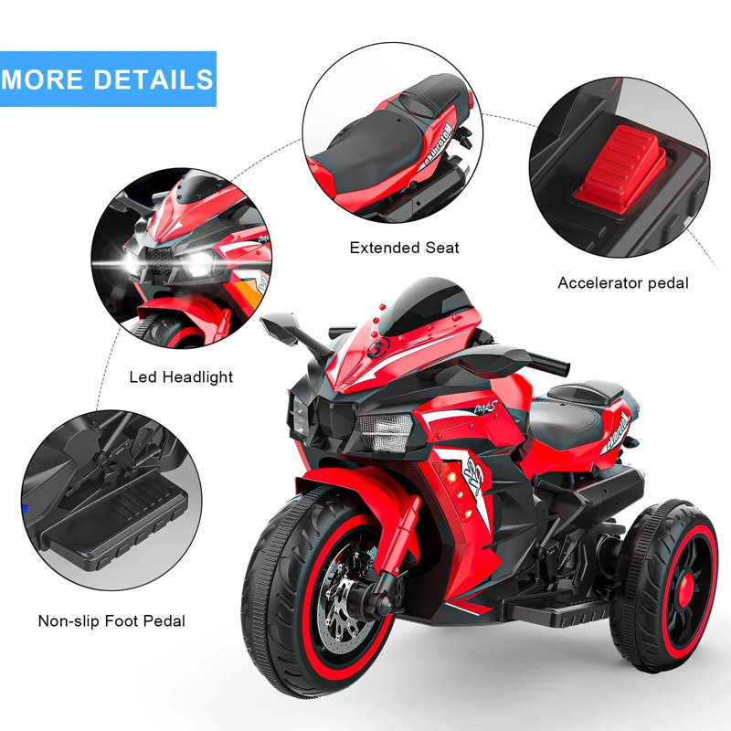 Motocyclette électrique 3 roues 12V pour enfant, pneu léger à DEL Bluetooth, jouet à piles à piles pour les garçons de 3 à 8 ans, rouge