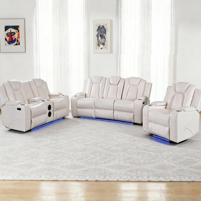 3 - Piece Power Reclining Home Theater Sofa Set (Chair & Loveseat & Sofa) – Faux Leather With Smart Tech & Ambient Lighting