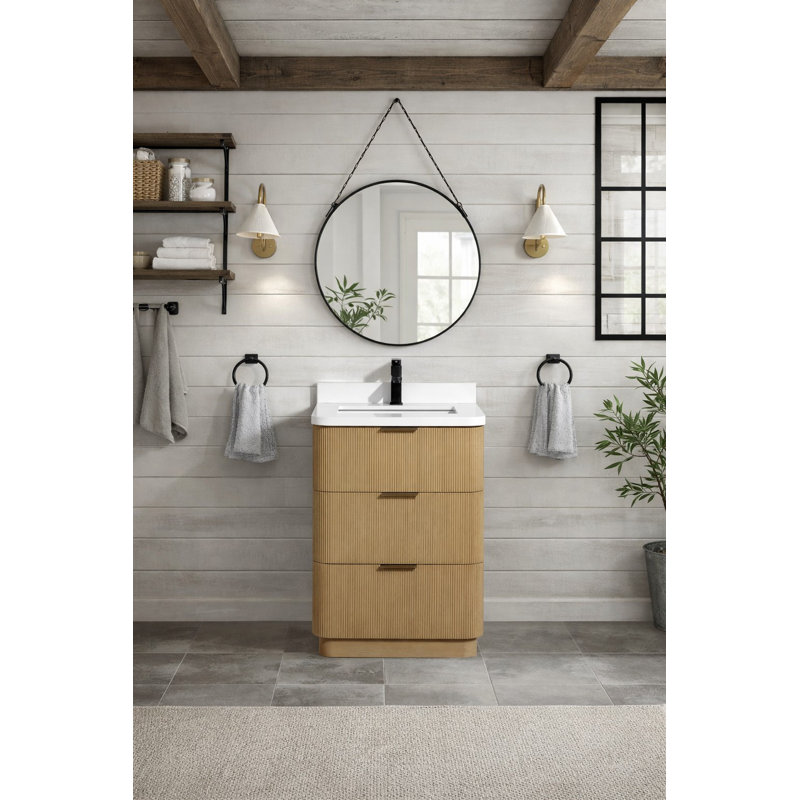 Ensemble de meuble-lavabo simple 24 po avec plateau en quartz Calamigo, Chêne