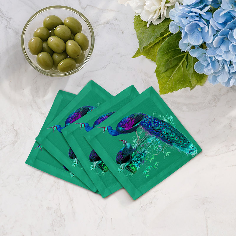 Family Pheasants Cotton Sateen Cocktail Napkins, Peacock