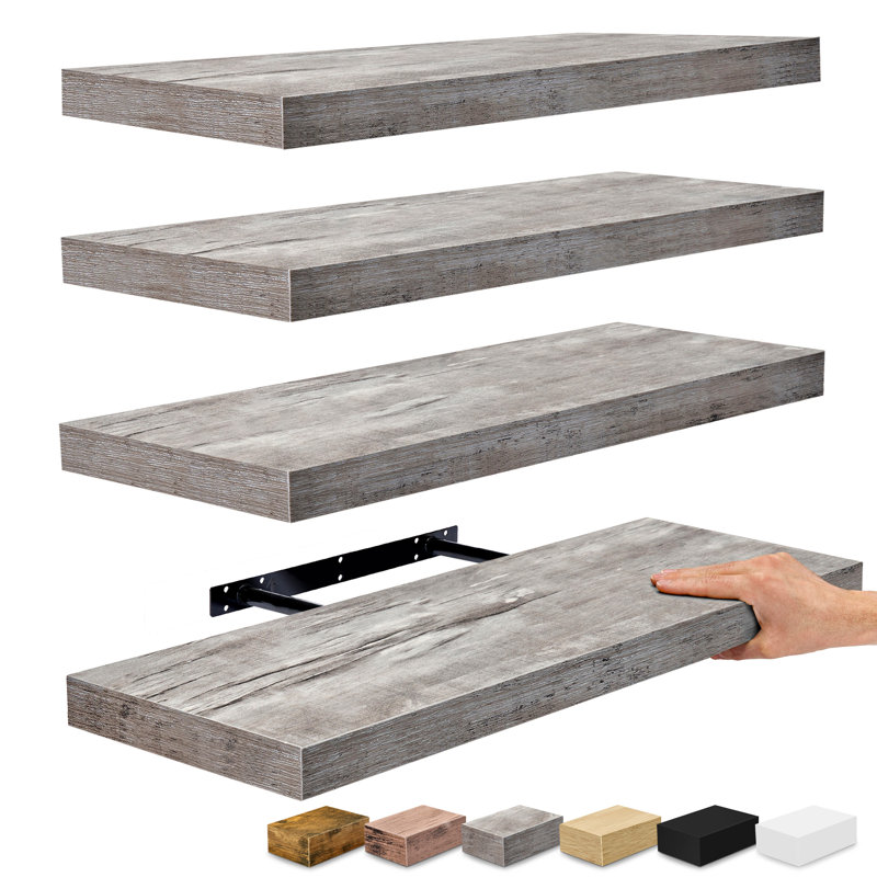 Floating Shelves with Invisible Mounting Set of 4, Gray, 1.5" H x 23.75" W x 9.25" D