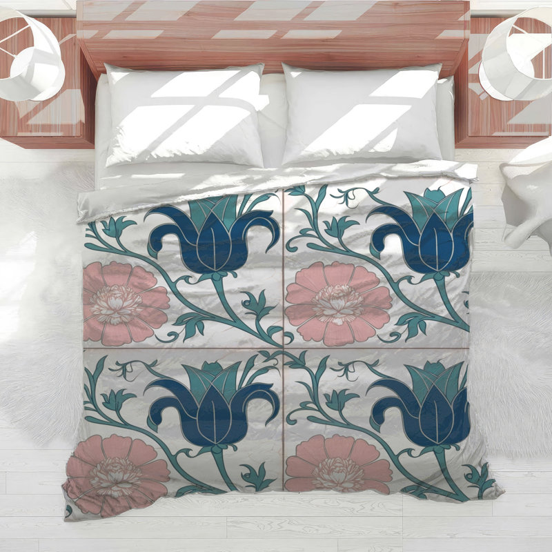 Blue Pink Floral Tiles Comforter, Twin Extra Long