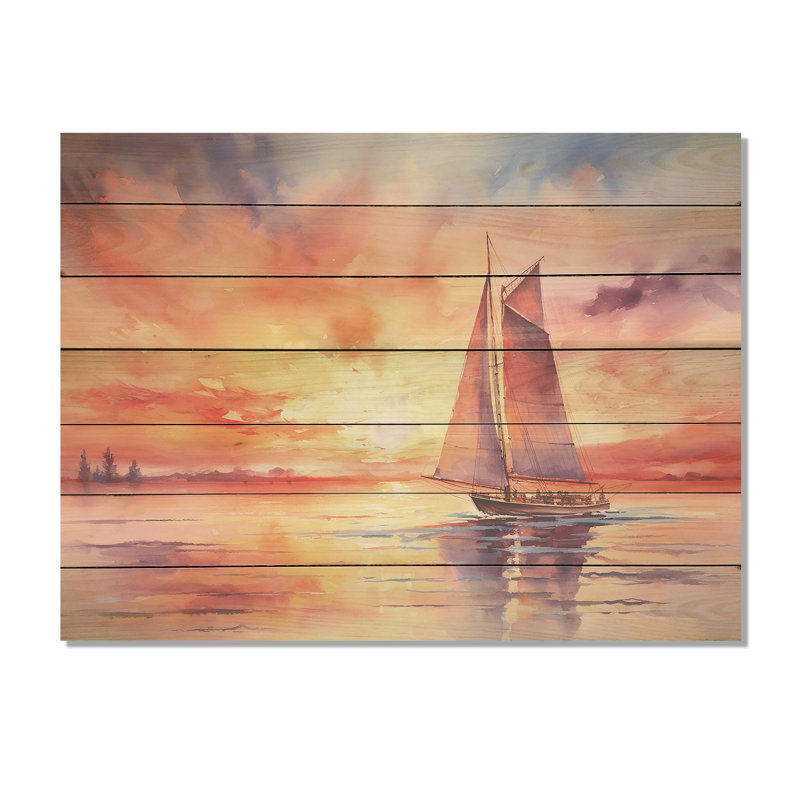 «Pastel Colours Sailboat Sunset II - Bateau à voile sur bois», H 10 po x l 20 po
