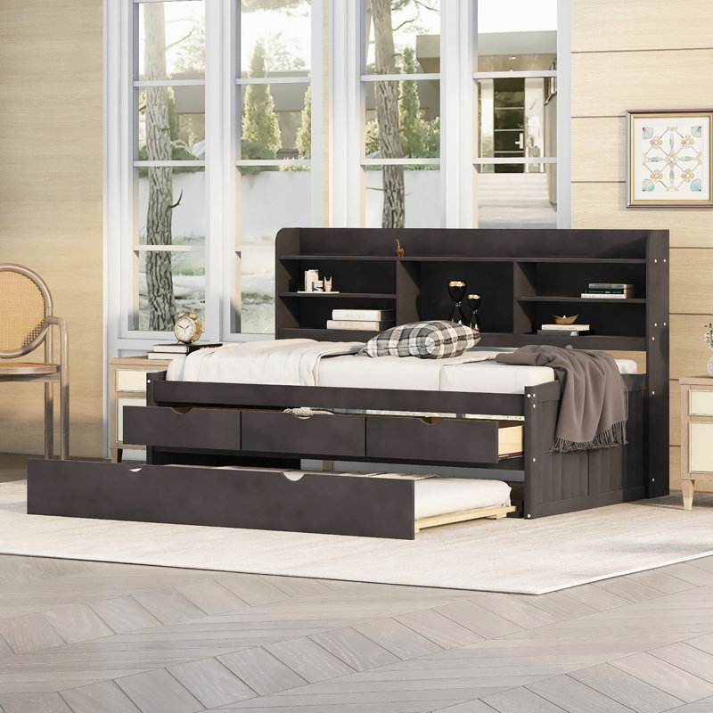 Antique Gray Twin Wooden Bed With Bookcase Headboard, Storage And Trundle Feature Built-In Areas, 3 Drawers, Antique Gray
