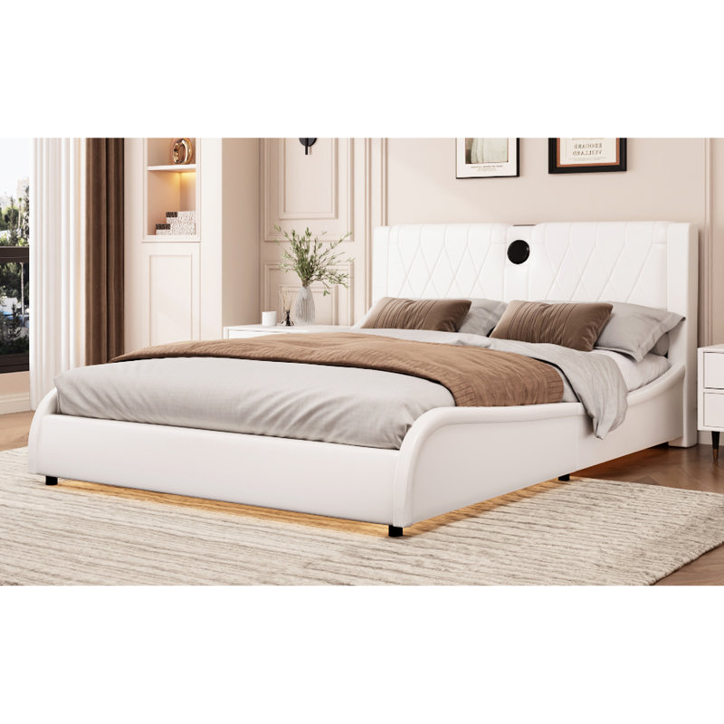 Lit luxueux avec revêtement en similicuir, lumières DEL pour une chambre éblouissante, tête de lit épaisse, haut-parleurs, sans sommier, texture blanche, lumières, épaissie