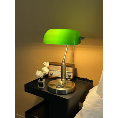 Glass Bankers Desk Lamp USB Wireless Charging Port LED Desk Lamp Classic Retro Pull Chain Switch Table lamp Reading Modern for Home Office nightstand Bedside Study Desk Library (Green)