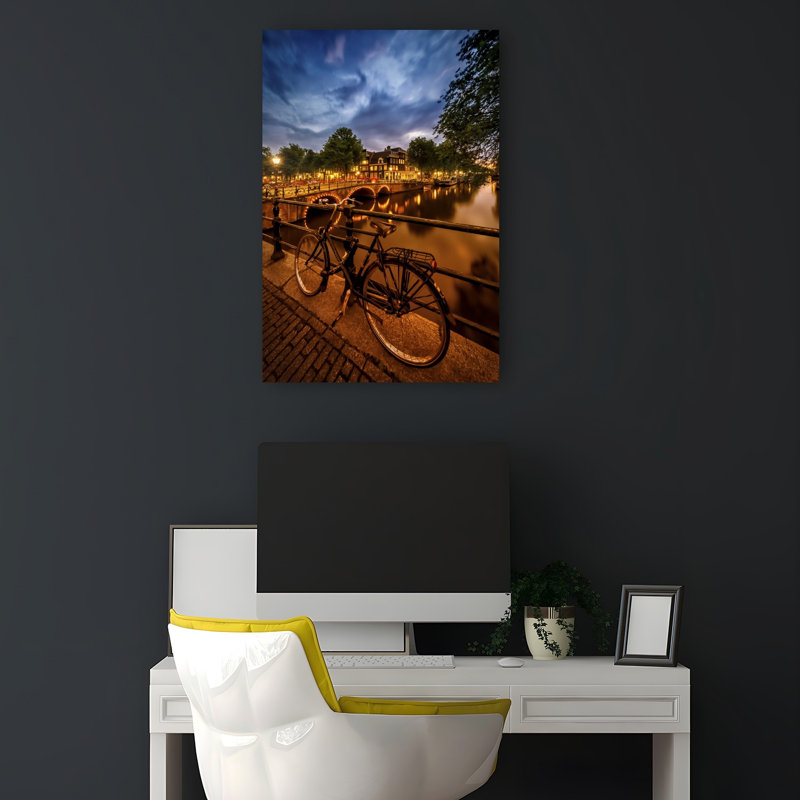 «Amsterdam Night Vélo Peaceful Romantic Serene Architecture City», reproduction d'art murale, 18" H x 12" W
