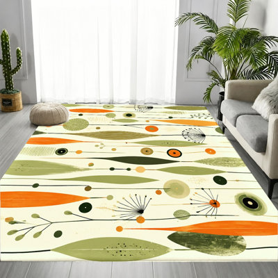Mid-Century Modern Abstract Area Rug, Orange Green Leaf Floral Pattern, Machine Washable Non-Slip Floor Carpet, Stylish Artistic Indoor Home Decor for Living Room, Bedroom, Apartment