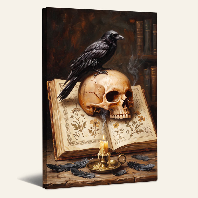 Corbeau noir sur crâne avec bougie allumée et art botanique sur toile d'Halloween, H 18 po x l 12 po