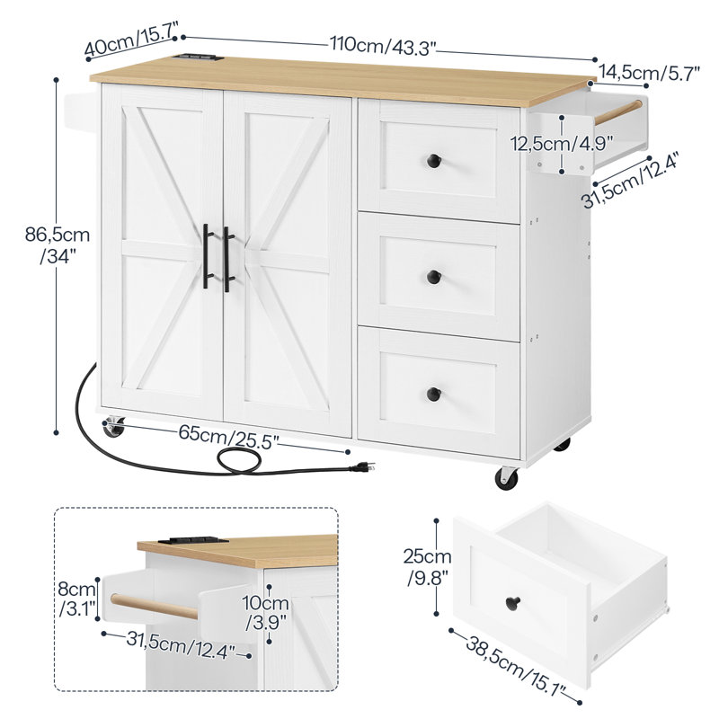 Mayrani 43" Rolling  Kitchen Island with Storage and Power Outlet, Natural/White