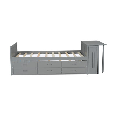 Size Multifunctional Wood Platform Bed With Desk And Storage Shelf At The End Of The Bed, Built-In Trundle And 3 Drawers,