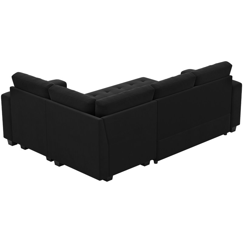 Shavera Velvet Modular Sectional L-Shaped Sleeper Sofa Bed For Apartment, Black Velvet